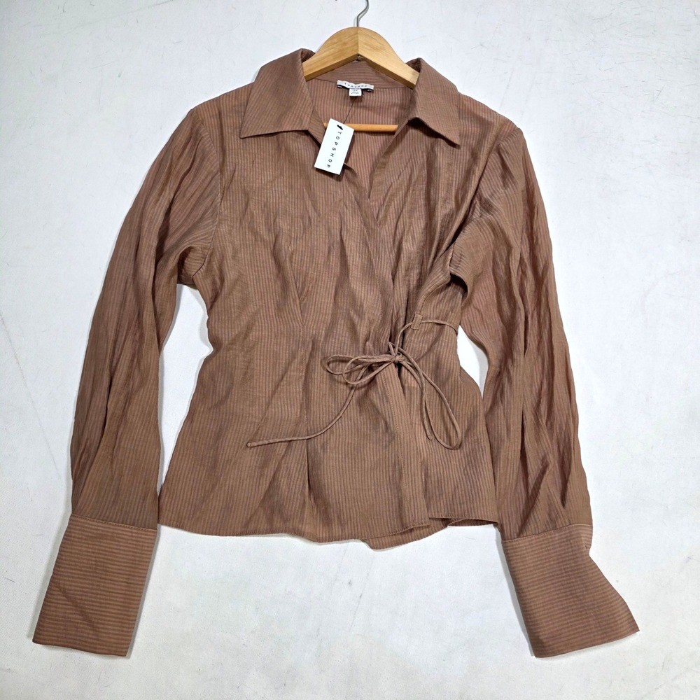 Topshop Wrap Blouse Womens Size 8 Brown Textured Pinstripe Long Sleeve Tie Top
